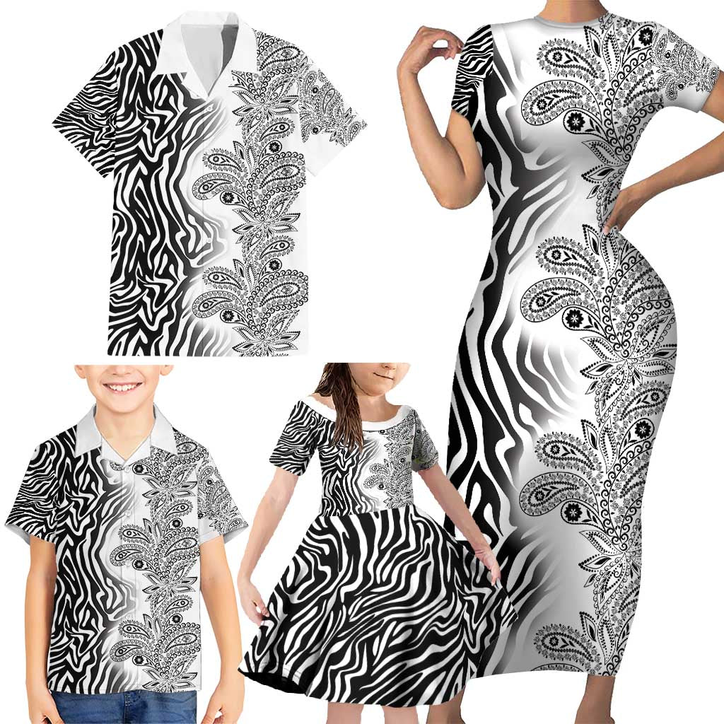 Africa Zebra Mix Paisley Tribal Pattern Family Matching Short Sleeve Bodycon Dress and Hawaiian Shirt - Wonder Print Shop