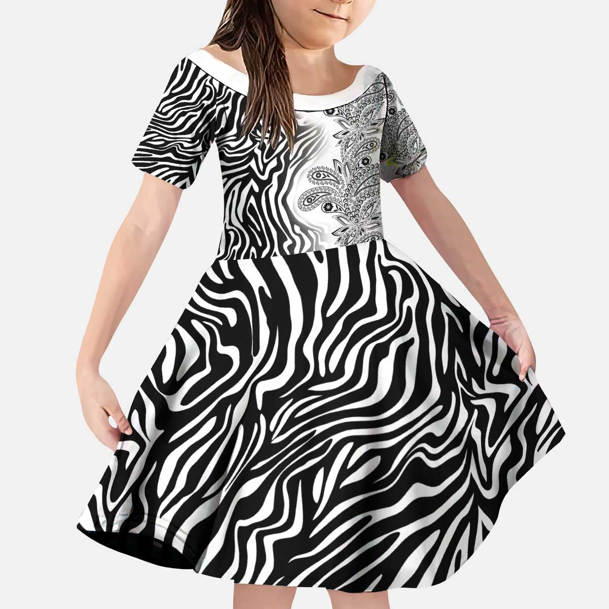 Africa Zebra Mix Paisley Tribal Pattern Kid Short Sleeve Dress - Wonder Print Shop