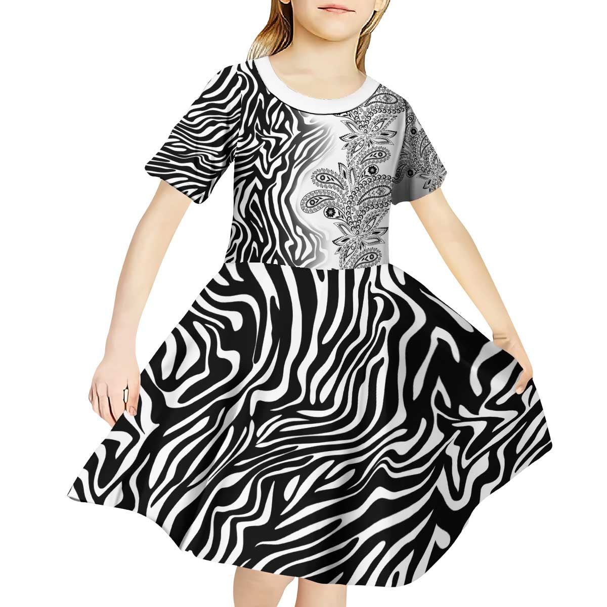 Africa Zebra Mix Paisley Tribal Pattern Kid Short Sleeve Dress - Wonder Print Shop