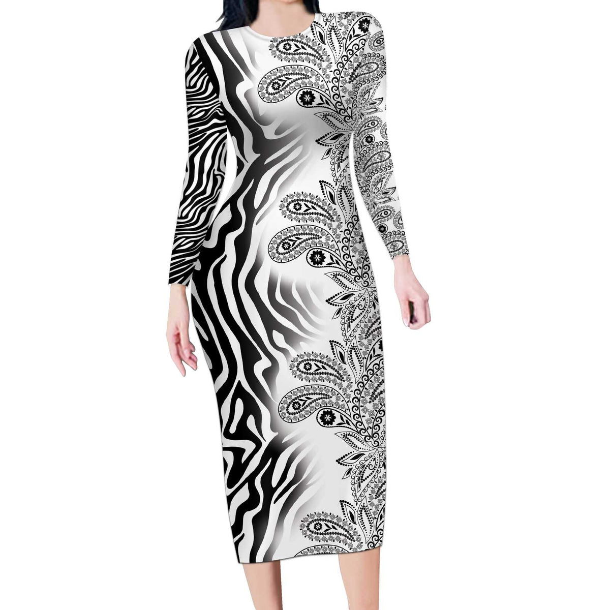 Africa Zebra Mix Paisley Tribal Pattern Long Sleeve Bodycon Dress - Wonder Print Shop