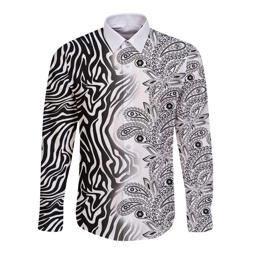 Africa Zebra Mix Paisley Tribal Pattern Long Sleeve Button Shirt - Wonder Print Shop