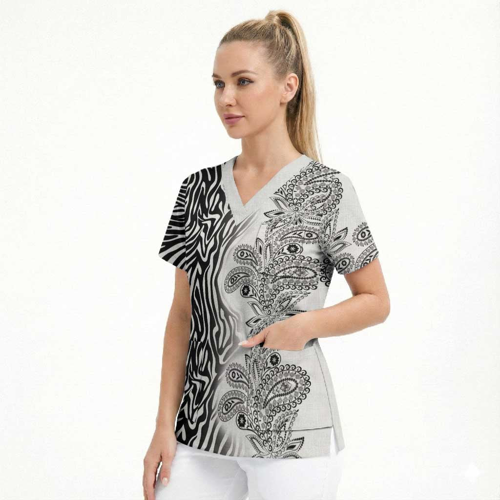 Africa Zebra Mix Paisley Tribal Pattern Scrub Top