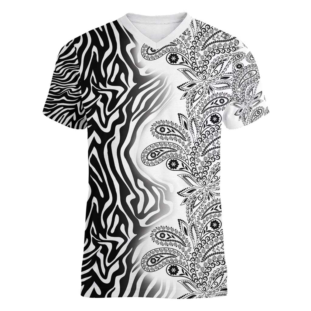Africa Zebra Mix Paisley Tribal Pattern Women V-Neck T-Shirt - Wonder Print Shop