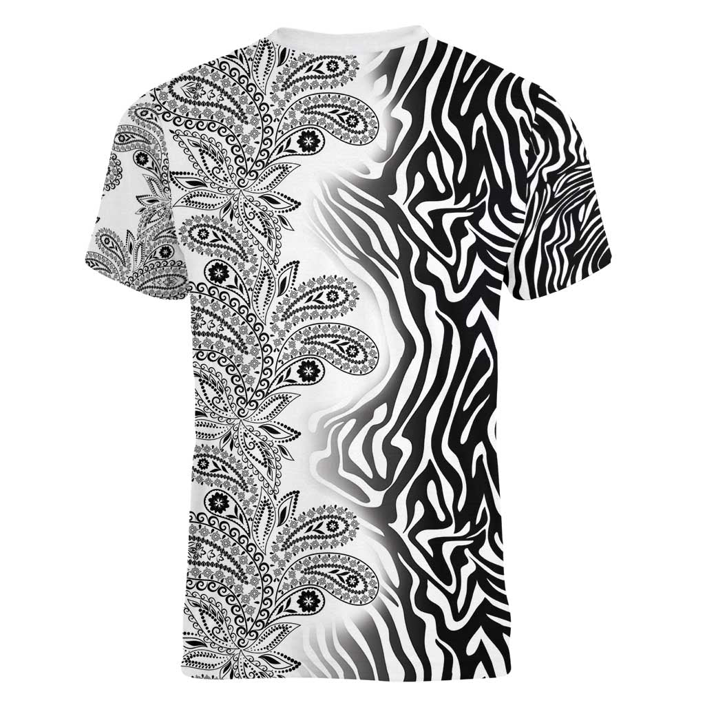 Africa Zebra Mix Paisley Tribal Pattern Women V-Neck T-Shirt - Wonder Print Shop