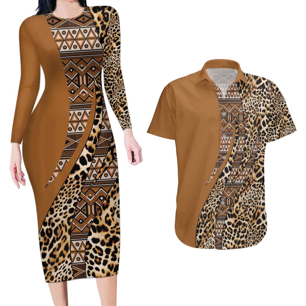 Africa Leopard Mix Native Tribal Pattern Couples Matching Long Sleeve Bodycon Dress and Hawaiian Shirt LT9 - Wonder Print Shop
