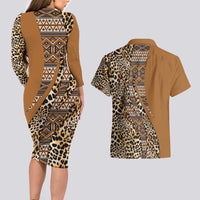 Africa Leopard Mix Native Tribal Pattern Couples Matching Long Sleeve Bodycon Dress and Hawaiian Shirt LT9 - Wonder Print Shop