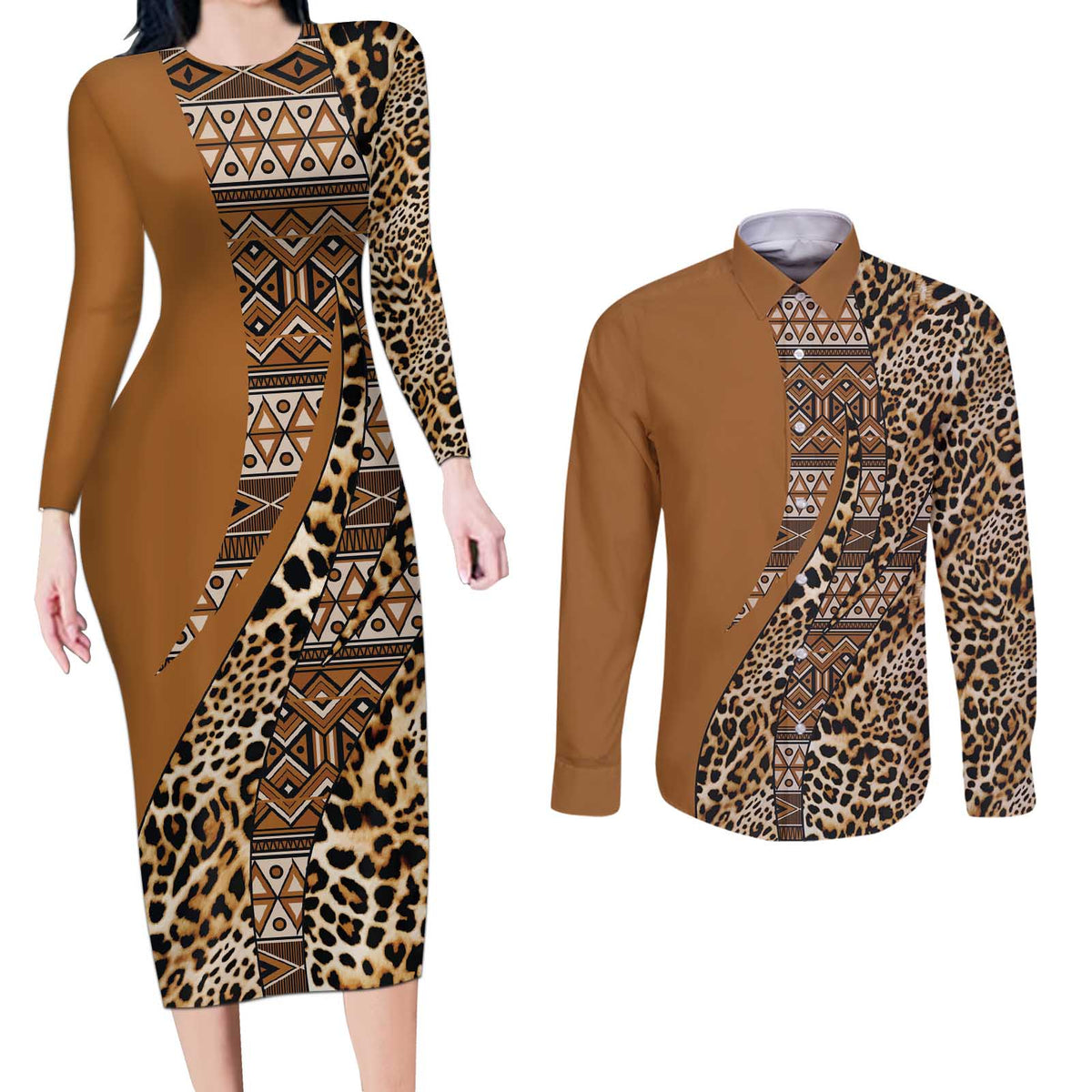 Africa Leopard Mix Native Tribal Pattern Couples Matching Long Sleeve Bodycon Dress and Long Sleeve Button Shirt LT9 - Wonder Print Shop