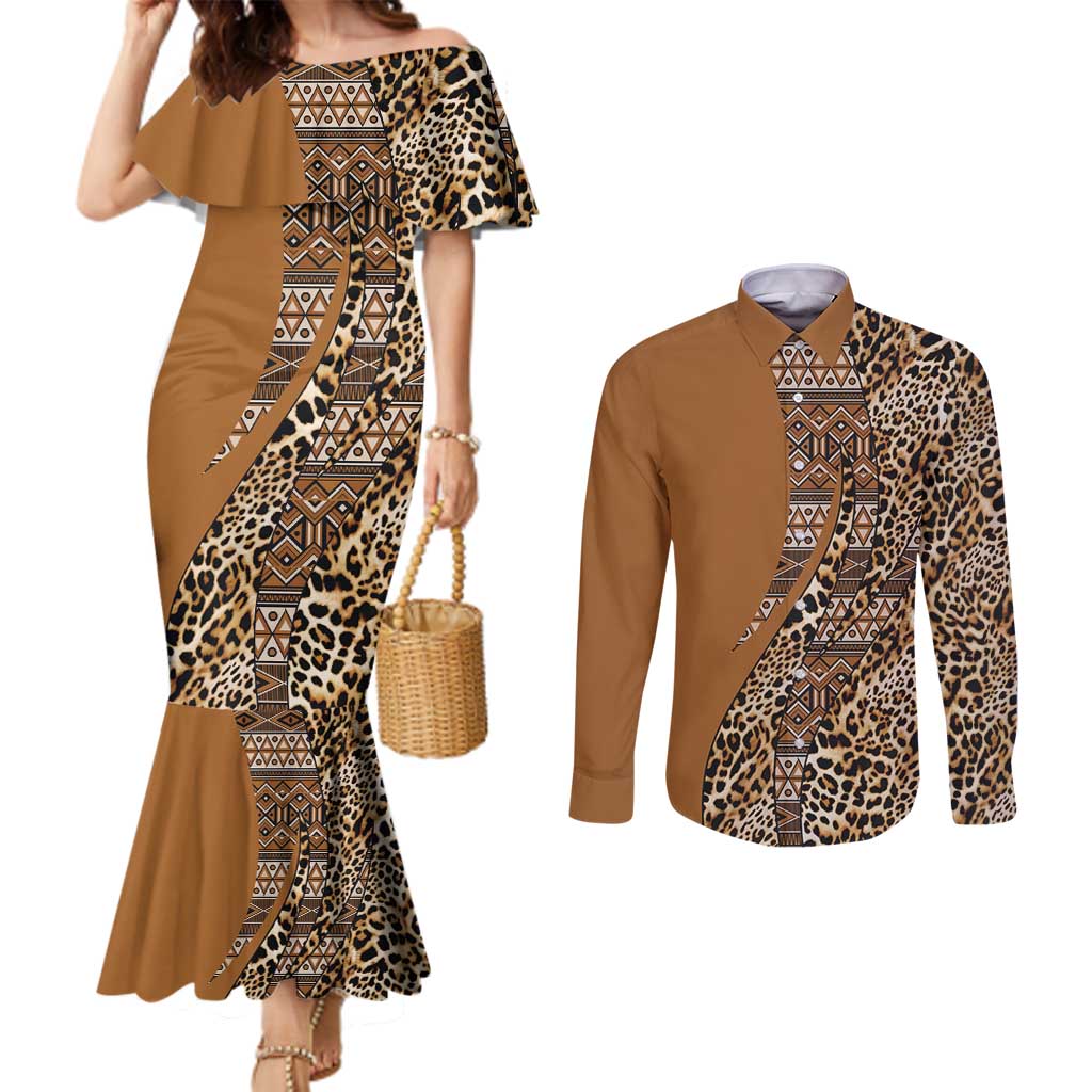 Africa Leopard Mix Native Tribal Pattern Couples Matching Mermaid Dress and Long Sleeve Button Shirt