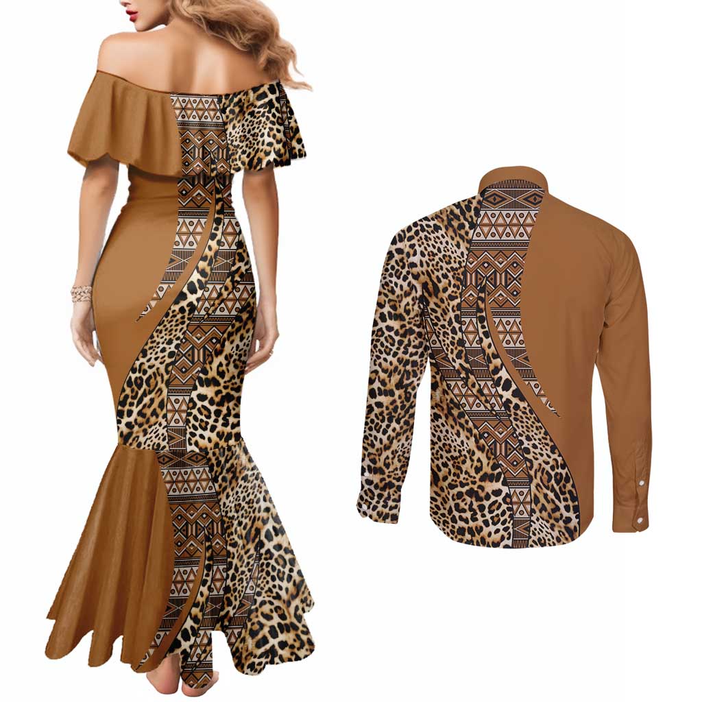 Africa Leopard Mix Native Tribal Pattern Couples Matching Mermaid Dress and Long Sleeve Button Shirt