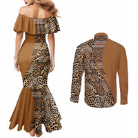 Africa Leopard Mix Native Tribal Pattern Couples Matching Mermaid Dress and Long Sleeve Button Shirt