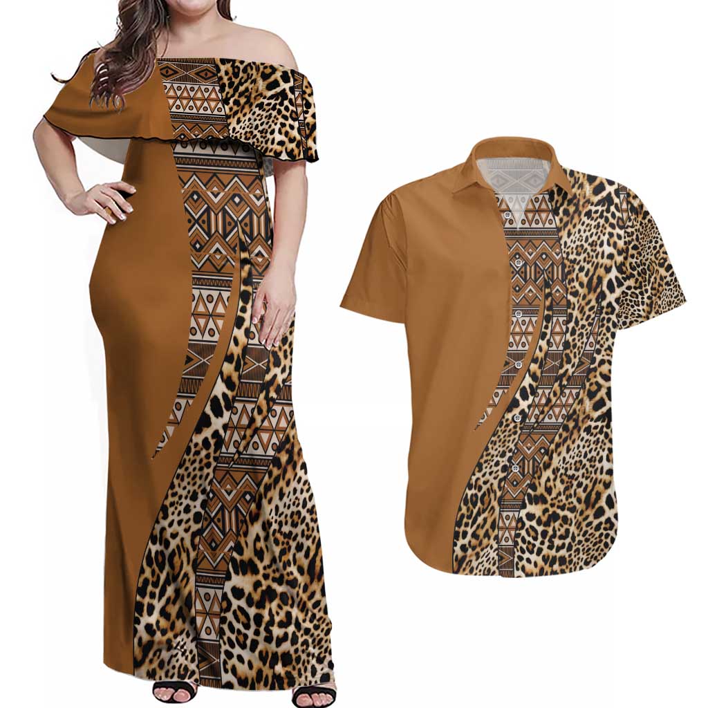 Africa Leopard Mix Native Tribal Pattern Couples Matching Off Shoulder Maxi Dress and Hawaiian Shirt LT9 - Wonder Print Shop