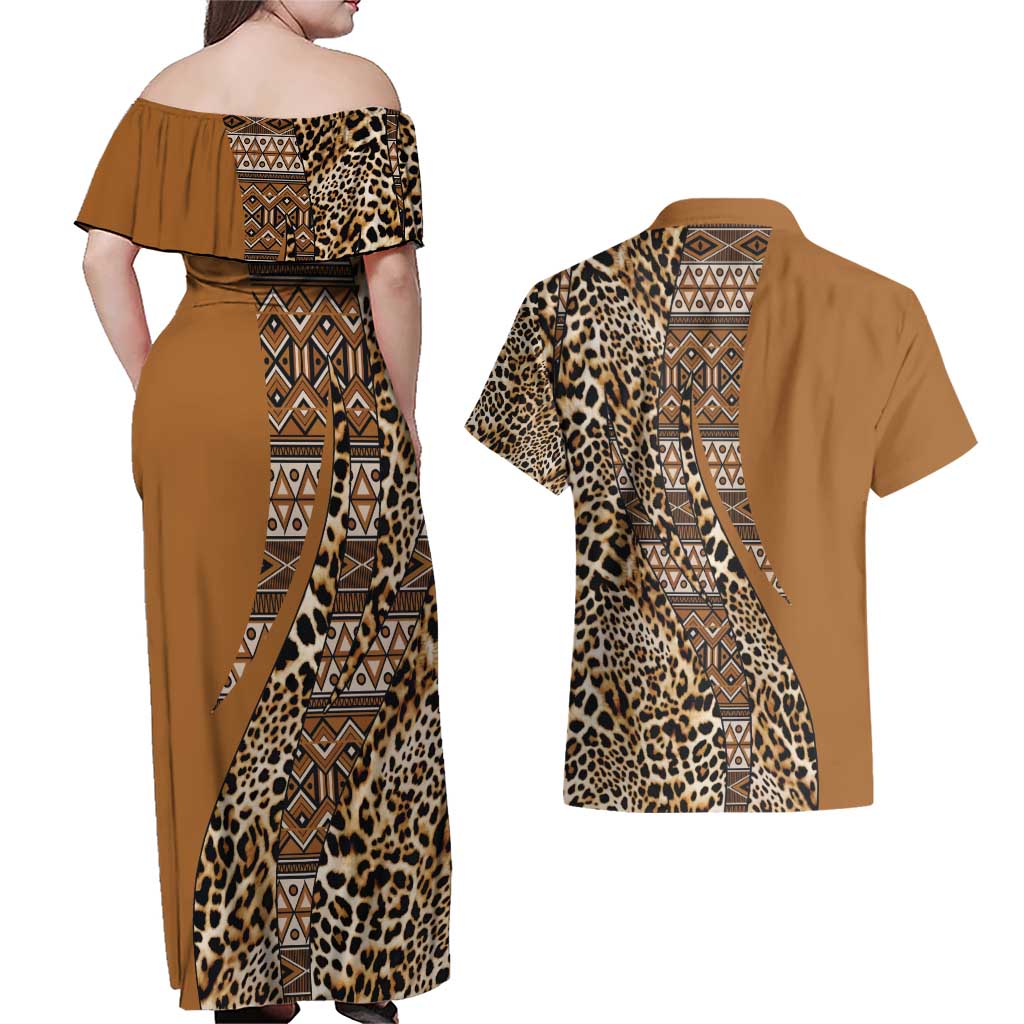 Africa Leopard Mix Native Tribal Pattern Couples Matching Off Shoulder Maxi Dress and Hawaiian Shirt LT9 - Wonder Print Shop