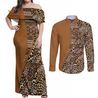 Africa Leopard Mix Native Tribal Pattern Couples Matching Off Shoulder Maxi Dress and Long Sleeve Button Shirt LT9 - Wonder Print Shop