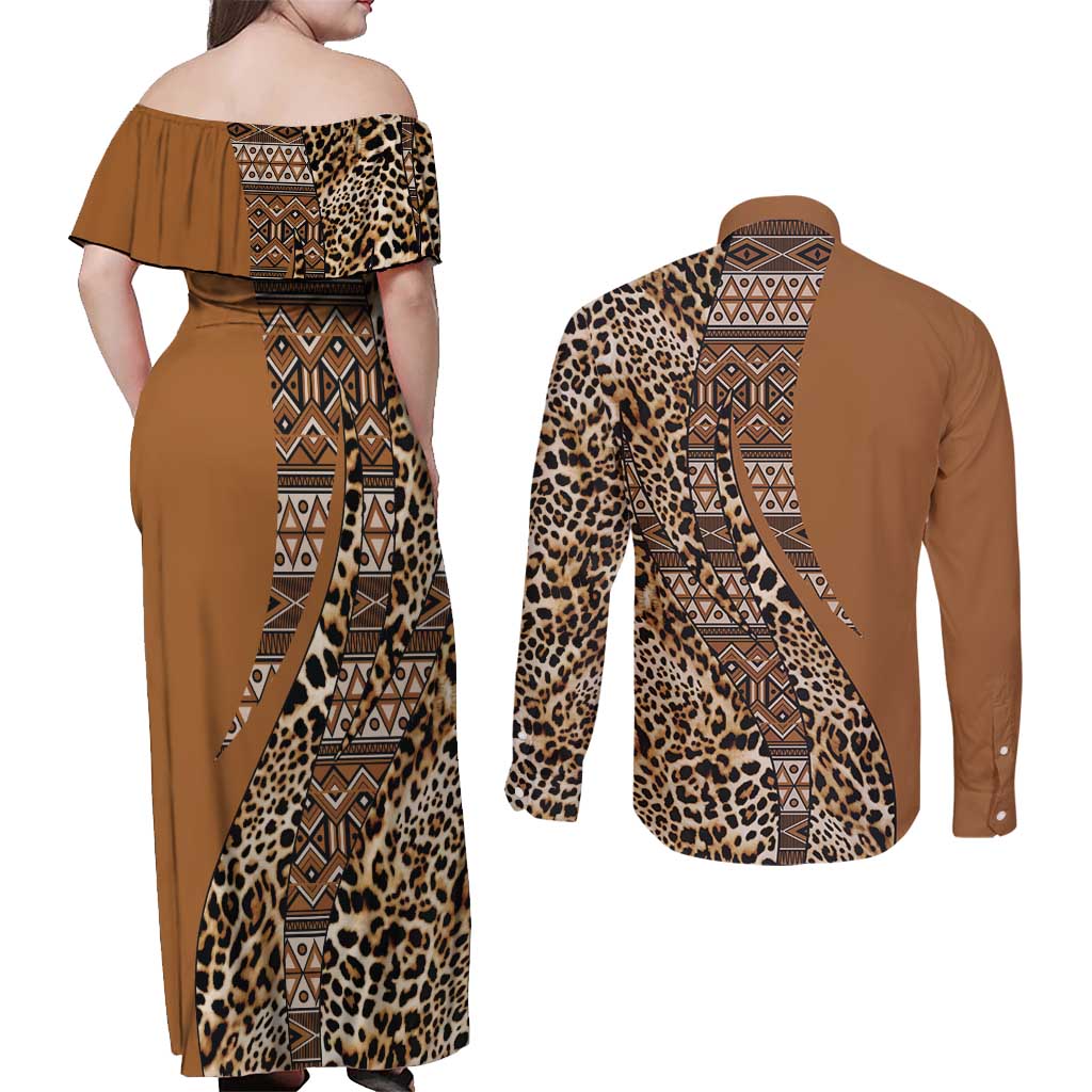 Africa Leopard Mix Native Tribal Pattern Couples Matching Off Shoulder Maxi Dress and Long Sleeve Button Shirt LT9 - Wonder Print Shop