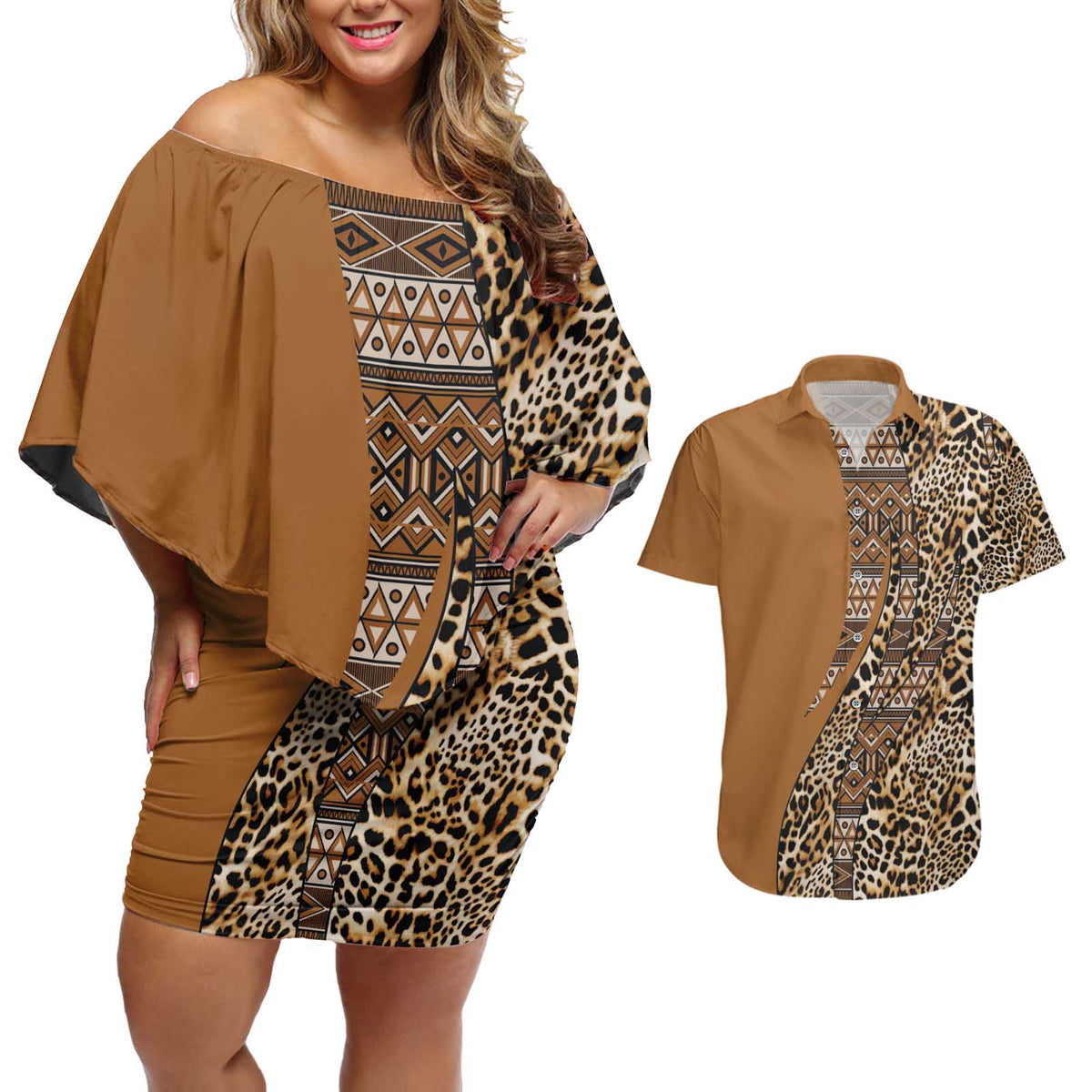 Africa Leopard Mix Native Tribal Pattern Couples Matching Off Shoulder Short Dress and Hawaiian Shirt LT9 - Wonder Print Shop