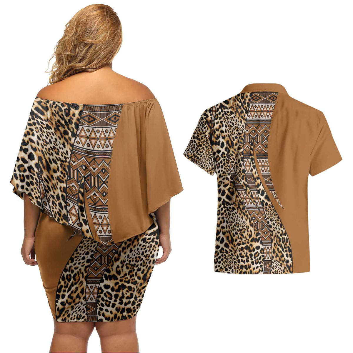 Africa Leopard Mix Native Tribal Pattern Couples Matching Off Shoulder Short Dress and Hawaiian Shirt LT9 - Wonder Print Shop