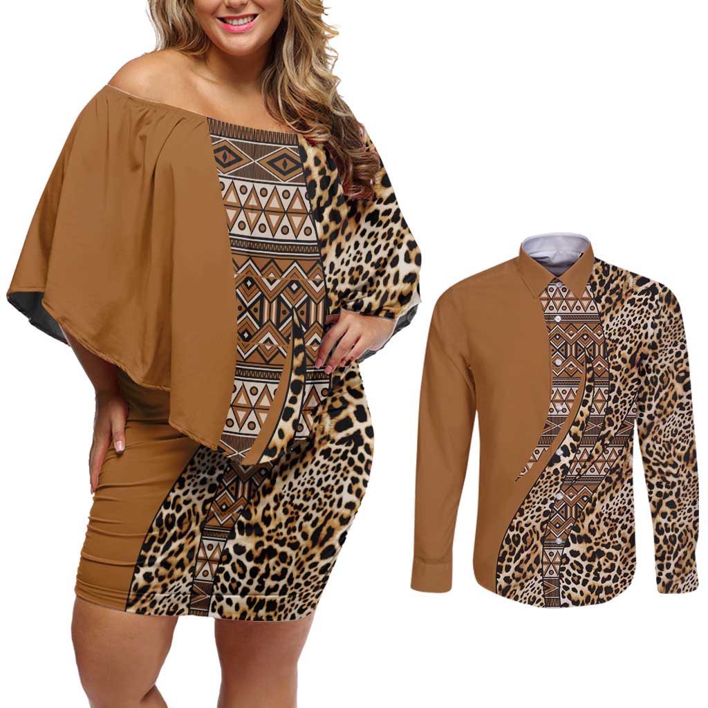 Africa Leopard Mix Native Tribal Pattern Couples Matching Off Shoulder Short Dress and Long Sleeve Button Shirt LT9 - Wonder Print Shop