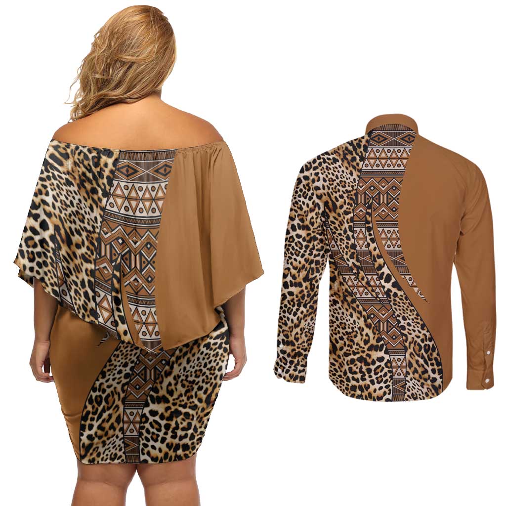 Africa Leopard Mix Native Tribal Pattern Couples Matching Off Shoulder Short Dress and Long Sleeve Button Shirt LT9 - Wonder Print Shop
