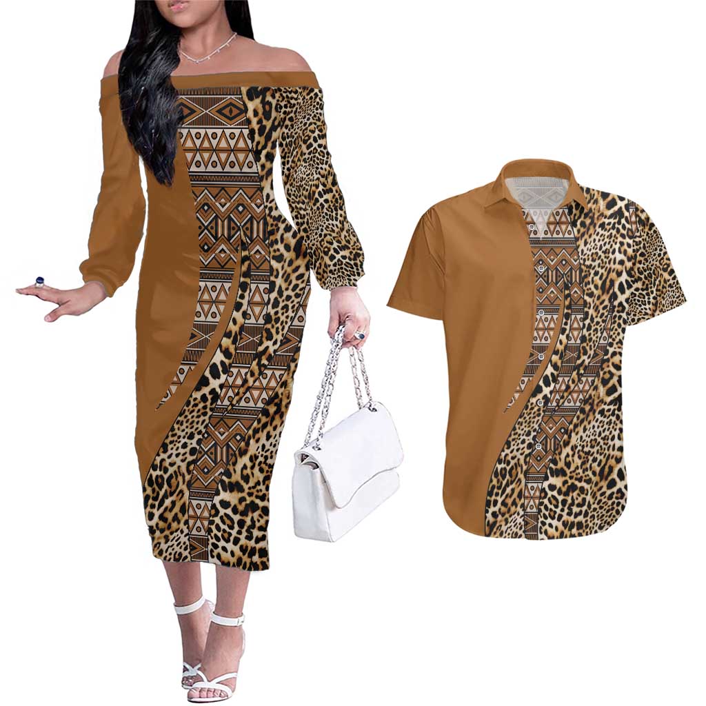 Africa Leopard Mix Native Tribal Pattern Couples Matching Off The Shoulder Long Sleeve Dress and Hawaiian Shirt LT9 - Wonder Print Shop