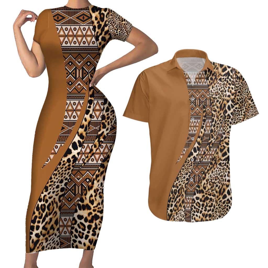 Africa Leopard Mix Native Tribal Pattern Couples Matching Short Sleeve Bodycon Dress and Hawaiian Shirt LT9 - Wonder Print Shop