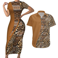 Africa Leopard Mix Native Tribal Pattern Couples Matching Short Sleeve Bodycon Dress and Hawaiian Shirt LT9 - Wonder Print Shop