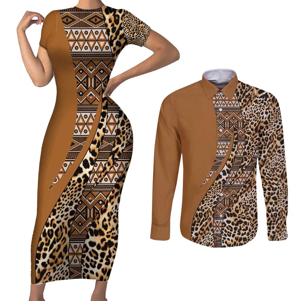 Africa Leopard Mix Native Tribal Pattern Couples Matching Short Sleeve Bodycon Dress and Long Sleeve Button Shirt LT9 - Wonder Print Shop