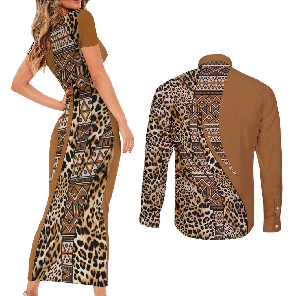 Africa Leopard Mix Native Tribal Pattern Couples Matching Short Sleeve Bodycon Dress and Long Sleeve Button Shirt LT9 - Wonder Print Shop