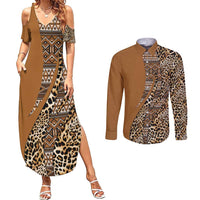 Africa Leopard Mix Native Tribal Pattern Couples Matching Summer Maxi Dress and Long Sleeve Button Shirt LT9 - Wonder Print Shop