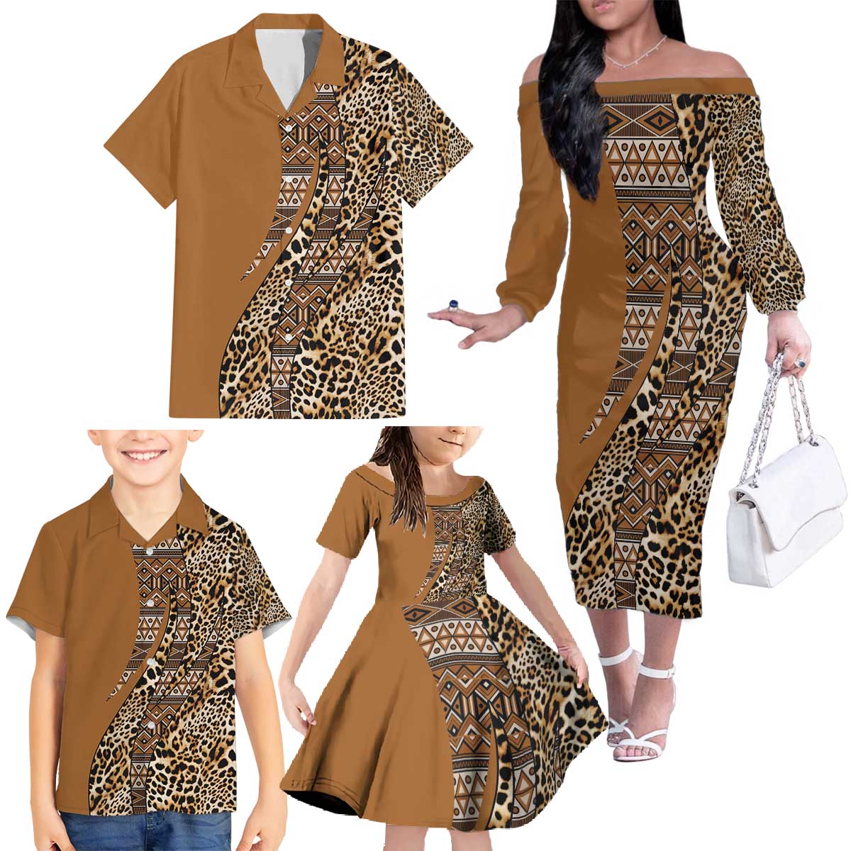 Africa Leopard Mix Native Tribal Pattern Family Matching Off The Shoulder Long Sleeve Dress and Hawaiian Shirt - Wonder Print Shop