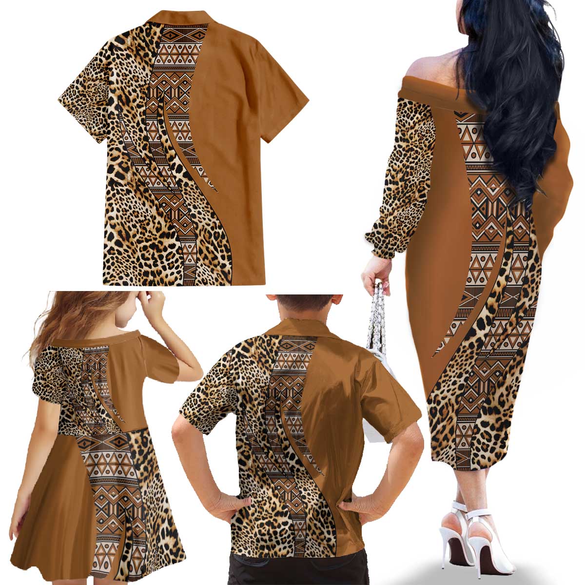 Africa Leopard Mix Native Tribal Pattern Family Matching Off The Shoulder Long Sleeve Dress and Hawaiian Shirt - Wonder Print Shop