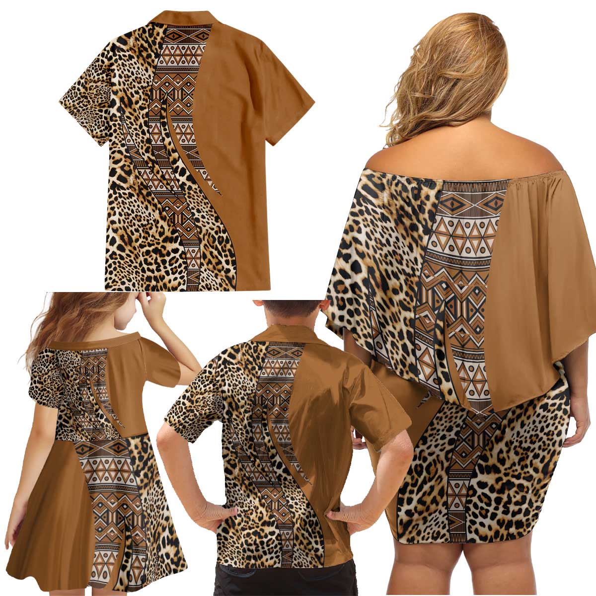 Africa Leopard Mix Native Tribal Pattern Family Matching Off Shoulder Short Dress and Hawaiian Shirt LT9 - Wonder Print Shop