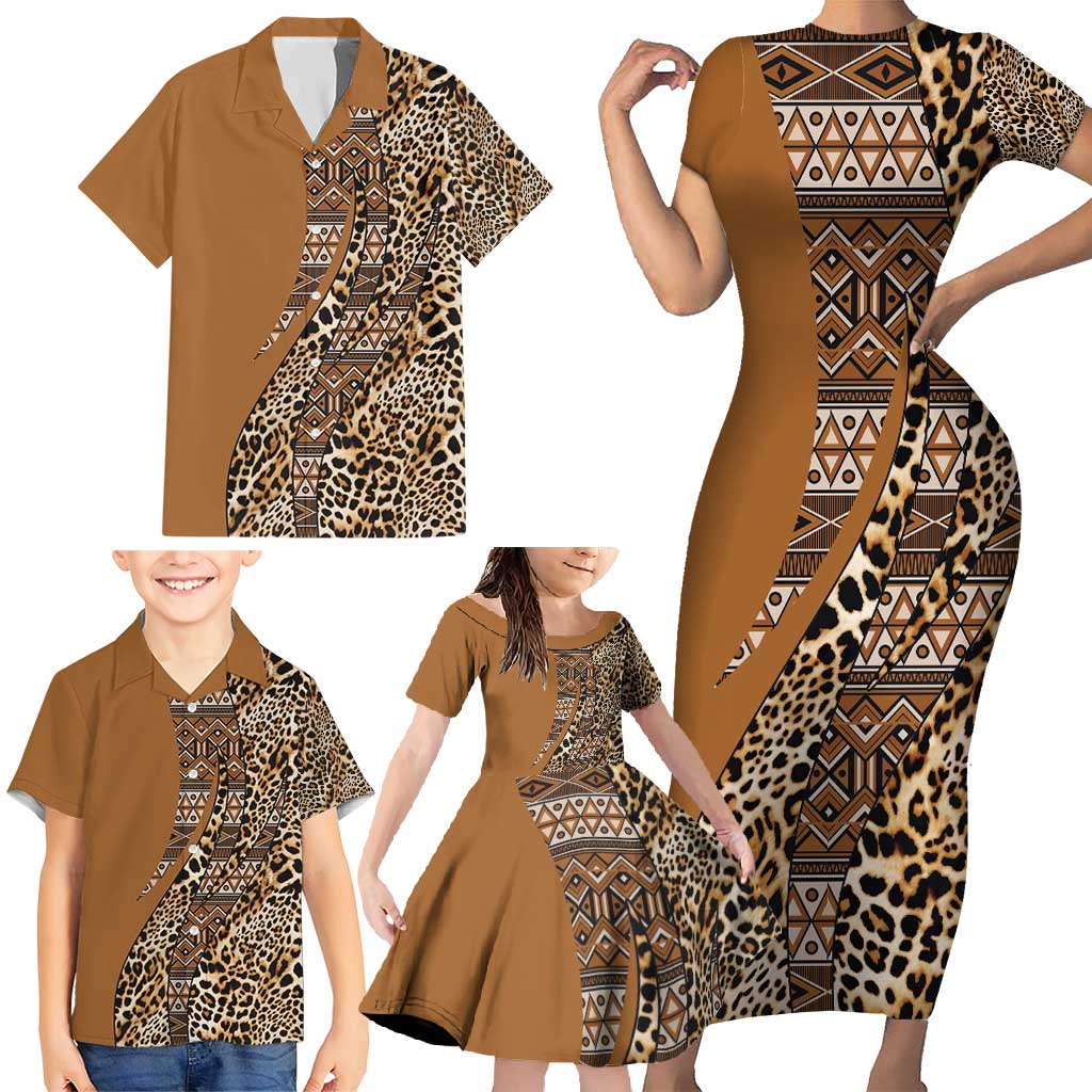 Africa Leopard Mix Native Tribal Pattern Family Matching Short Sleeve Bodycon Dress and Hawaiian Shirt - Wonder Print Shop