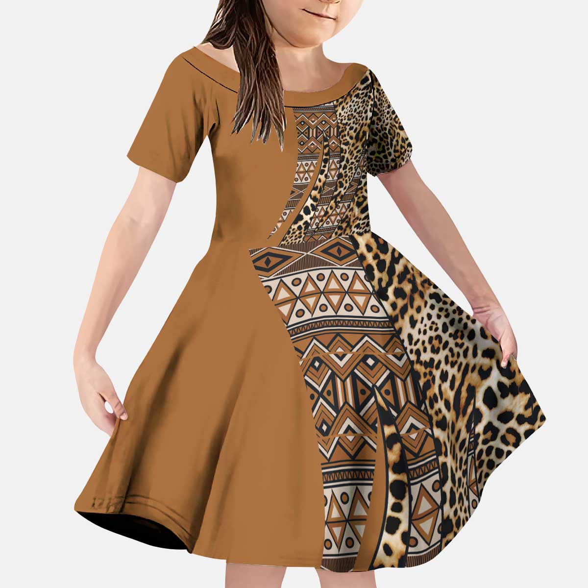 Africa Leopard Mix Native Tribal Pattern Kid Short Sleeve Dress - Wonder Print Shop