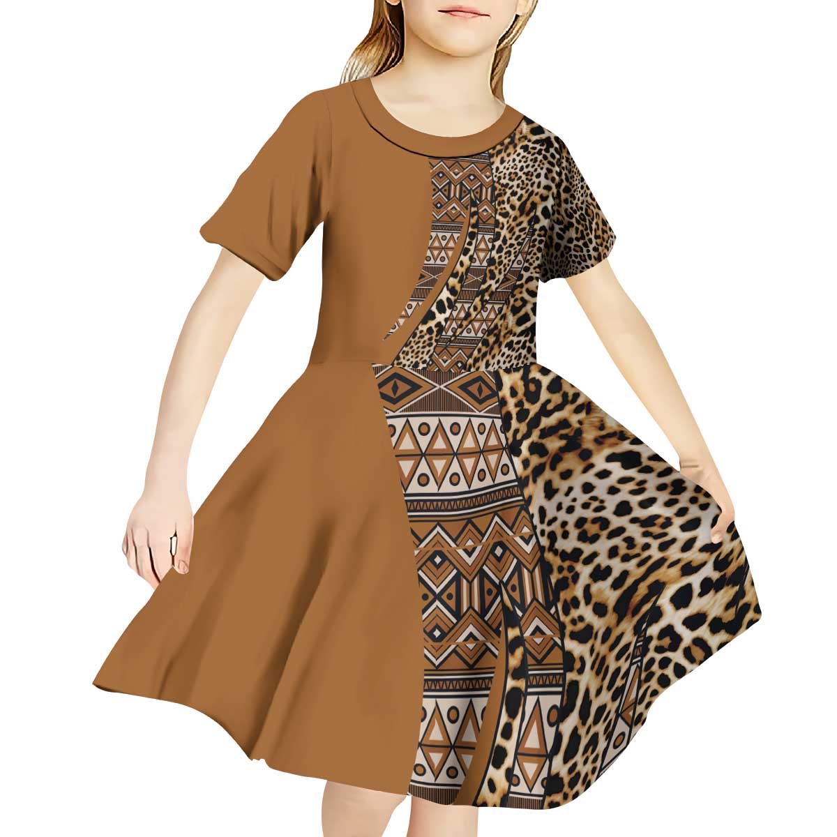 Africa Leopard Mix Native Tribal Pattern Kid Short Sleeve Dress - Wonder Print Shop