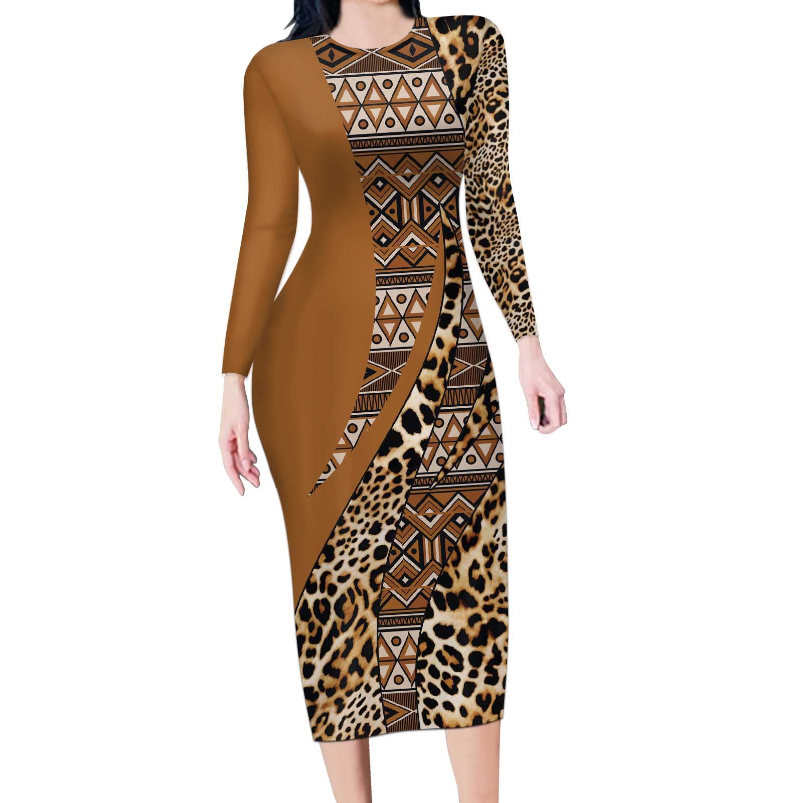 Africa Leopard Mix Native Tribal Pattern Long Sleeve Bodycon Dress - Wonder Print Shop