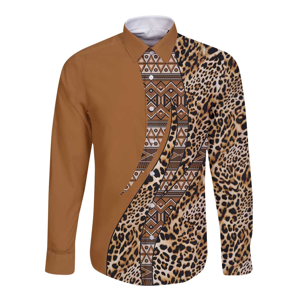Africa Leopard Mix Native Tribal Pattern Long Sleeve Button Shirt - Wonder Print Shop