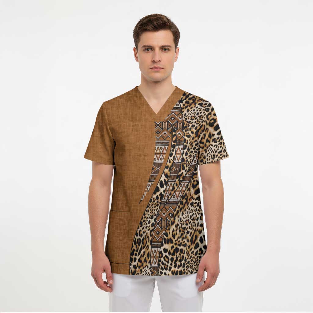 Africa Leopard Mix Native Tribal Pattern Scrub Top