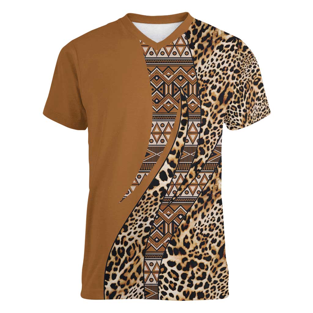 Africa Leopard Mix Native Tribal Pattern Women V-Neck T-Shirt - Wonder Print Shop