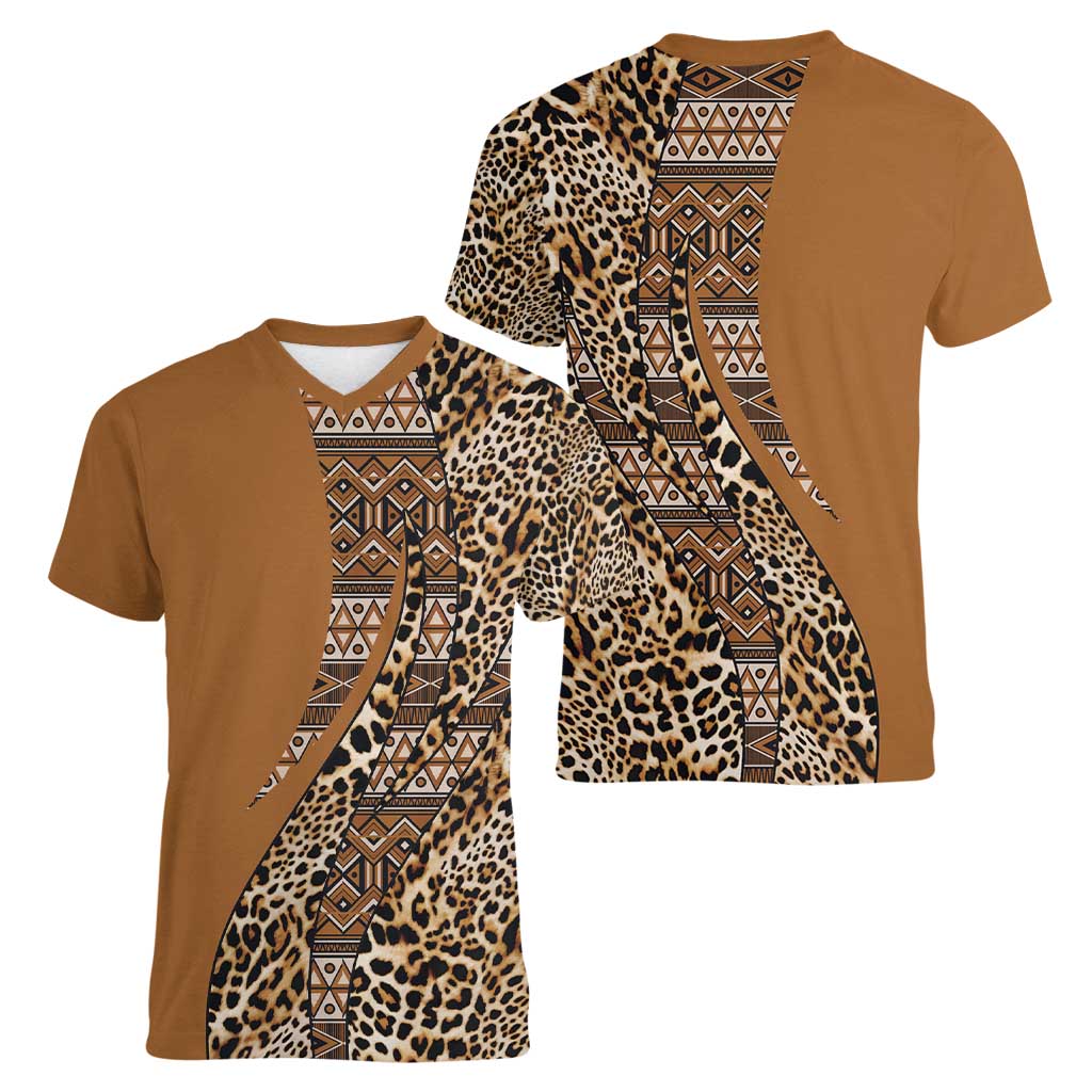 Africa Leopard Mix Native Tribal Pattern Women V-Neck T-Shirt - Wonder Print Shop