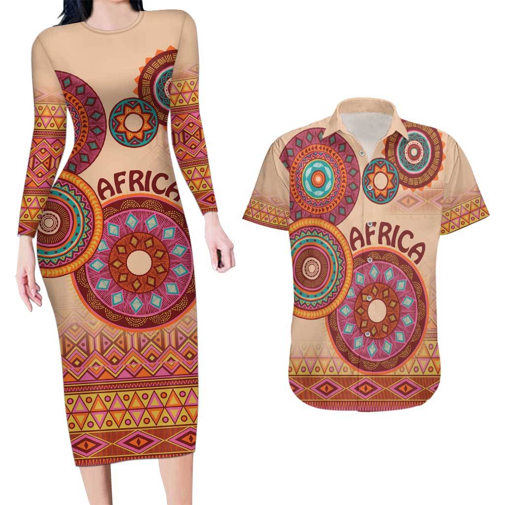 Africa Tribal Traditional Pattern Couples Matching Long Sleeve Bodycon Dress and Hawaiian Shirt Beige Motif LT9 - Wonder Print Shop
