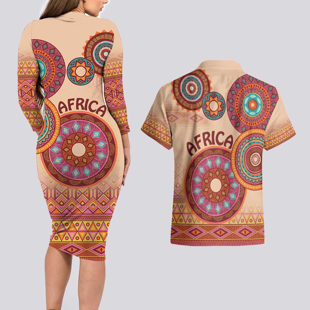 Africa Tribal Traditional Pattern Couples Matching Long Sleeve Bodycon Dress and Hawaiian Shirt Beige Motif LT9 - Wonder Print Shop