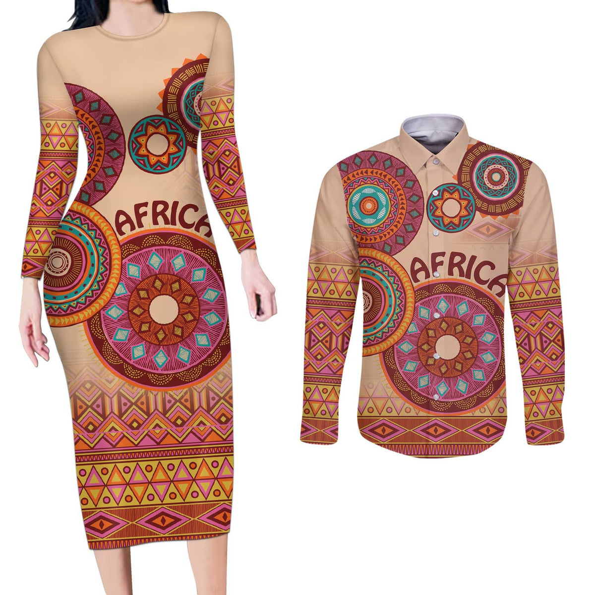 Africa Tribal Traditional Pattern Couples Matching Long Sleeve Bodycon Dress and Long Sleeve Button Shirt Beige Motif LT9 - Wonder Print Shop