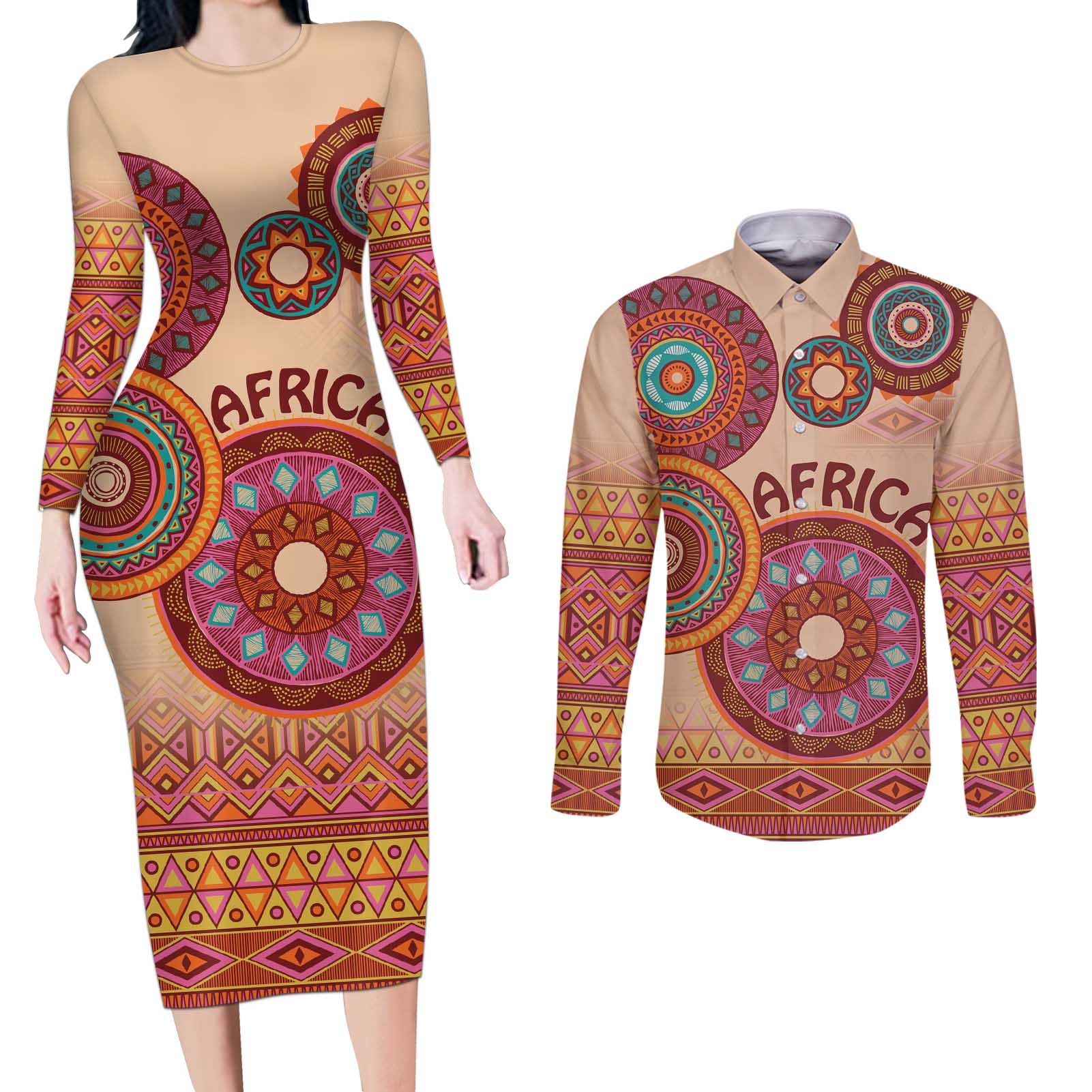 Africa Tribal Traditional Pattern Couples Matching Long Sleeve Bodycon Dress and Long Sleeve Button Shirt Beige Motif LT9 - Wonder Print Shop