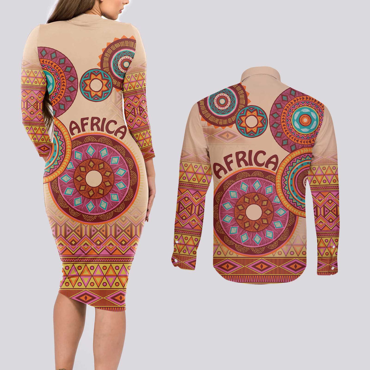 Africa Tribal Traditional Pattern Couples Matching Long Sleeve Bodycon Dress and Long Sleeve Button Shirt Beige Motif LT9 - Wonder Print Shop