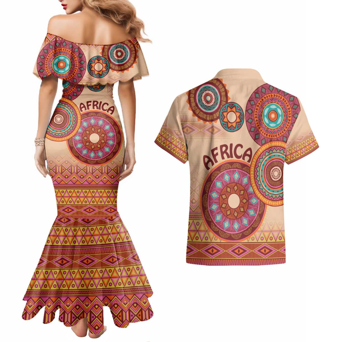 Africa Tribal Traditional Pattern Couples Matching Mermaid Dress and Hawaiian Shirt Beige Motif LT9 - Wonder Print Shop