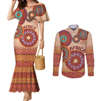 Africa Tribal Traditional Pattern Couples Matching Mermaid Dress and Long Sleeve Button Shirt Beige Motif
