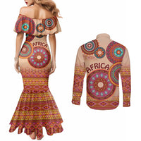Africa Tribal Traditional Pattern Couples Matching Mermaid Dress and Long Sleeve Button Shirt Beige Motif