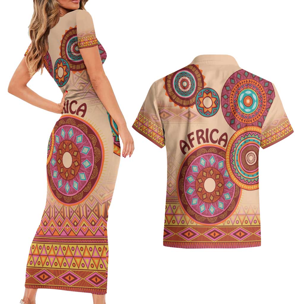 Africa Tribal Traditional Pattern Couples Matching Short Sleeve Bodycon Dress and Hawaiian Shirt Beige Motif LT9 - Wonder Print Shop