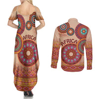 Africa Tribal Traditional Pattern Couples Matching Summer Maxi Dress and Long Sleeve Button Shirt Beige Motif LT9 - Wonder Print Shop