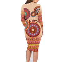 Africa Tribal Traditional Pattern Family Matching Long Sleeve Bodycon Dress and Hawaiian Shirt Beige Motif LT9 - Wonder Print Shop